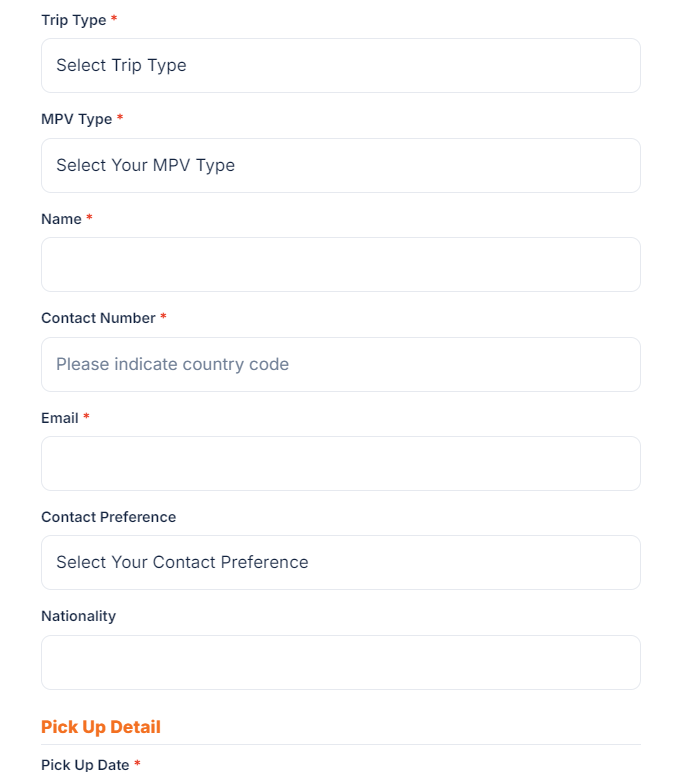 Pick your trip type and fill in the booking form